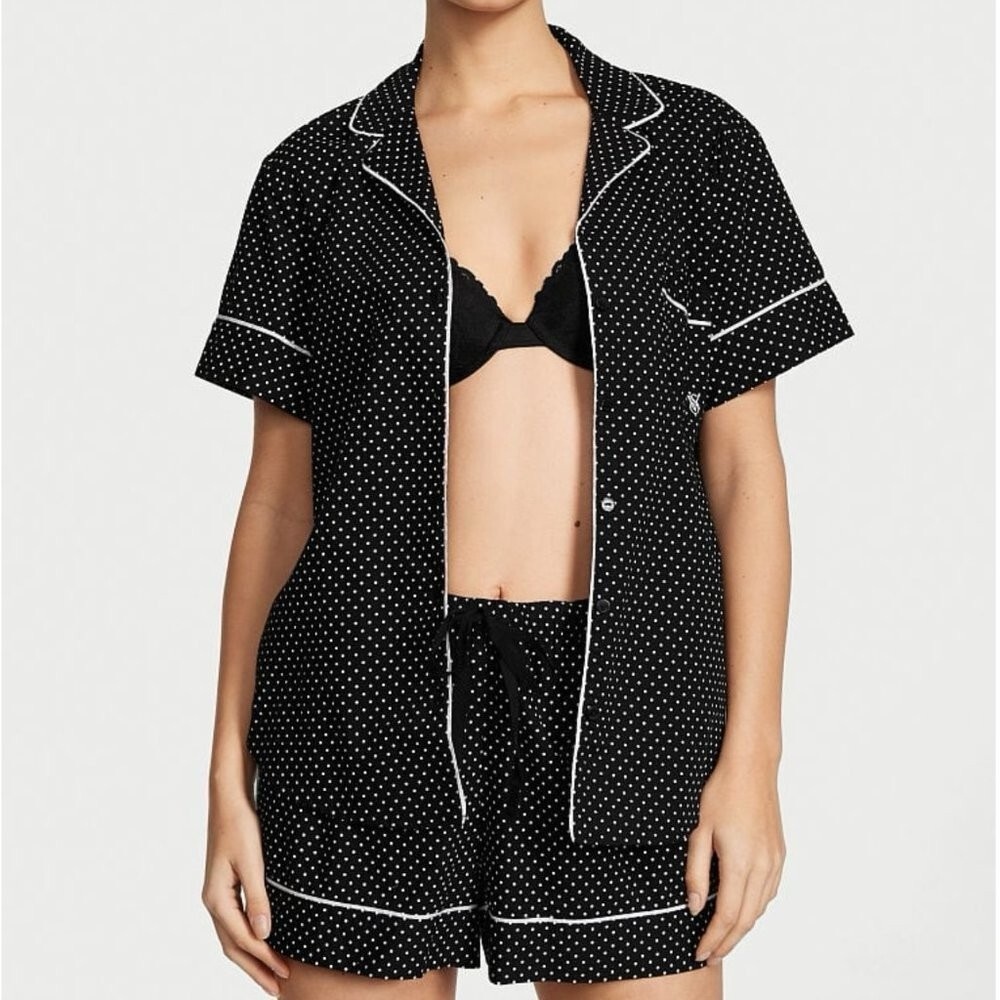 NWT Victorias Secret Black Polka Dot Button up Shirt & Shorts Pajama set PJ XXL - Picture 2 of 11
